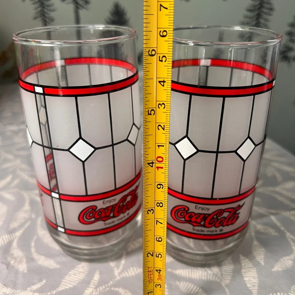 Vtg Coca-Cola Stained Glass Style Drinking Glasses Set of 2 Frosted Red White